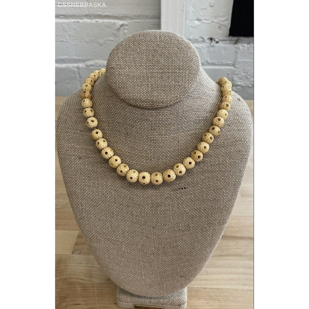 Vintage‎ Hand Crafted Bone Bead Necklace 30" Floral Spherical Boho Cream